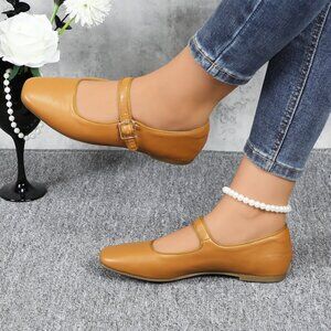 Camel Cushioned Insole Classic Mary Jane Ballet Flat Adjustable Ankle Strap